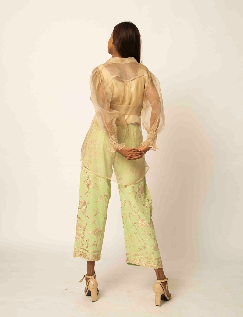 The indo-western Beige colored jacket with green pants