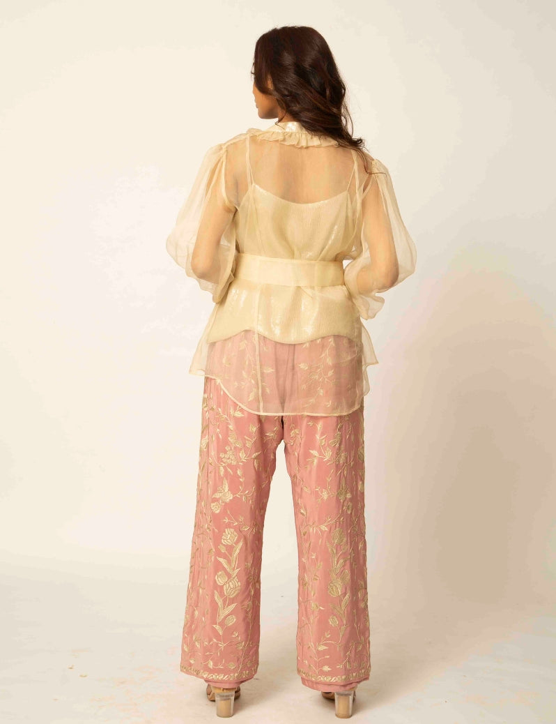 The indo-western Beige colored jacket with pink pants