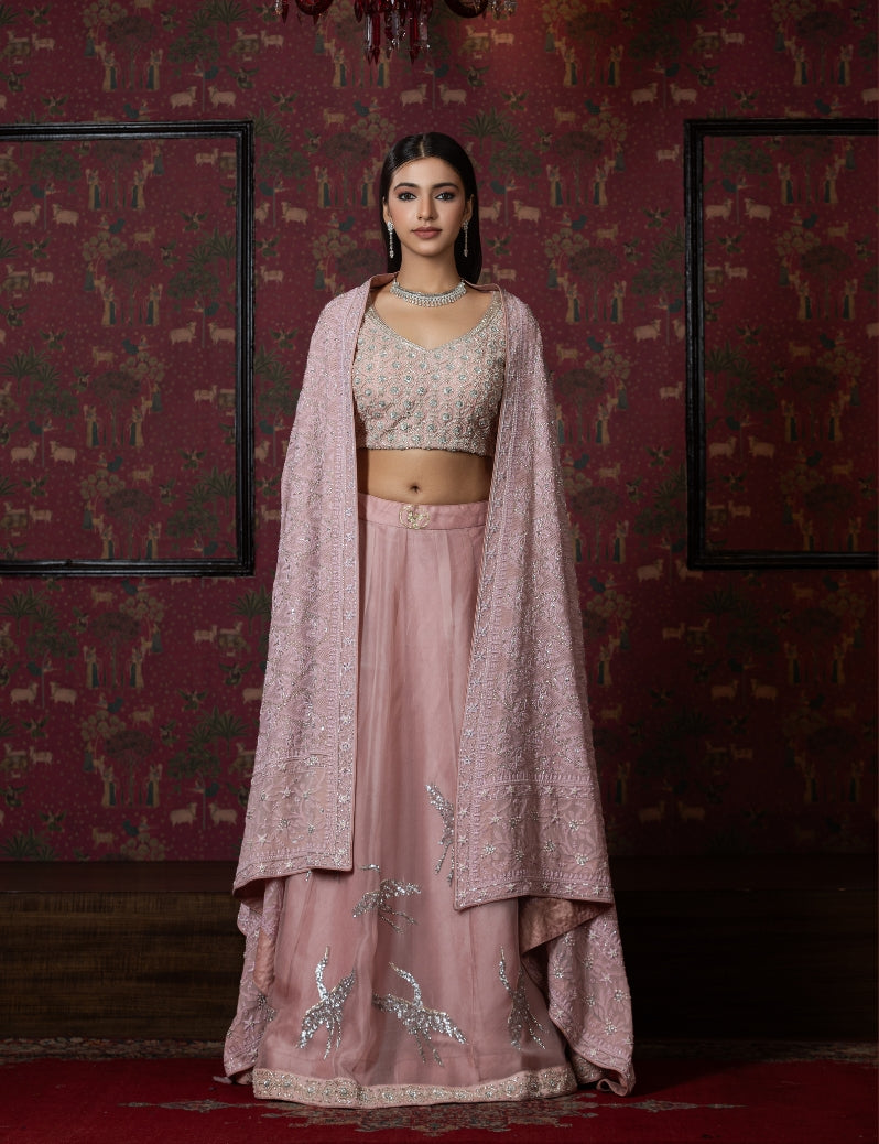 THE DUSTY PINK LEHENGA SET WITH HAND EMBROIDERY OF ZARDOZI SEQUENCE