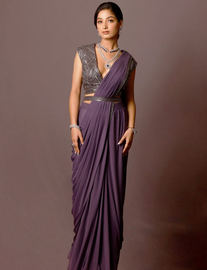 THE GREY COLOR DRAPED SAREE WITH HAND EMBROIDERY OF CUTDANA SEQUENCE