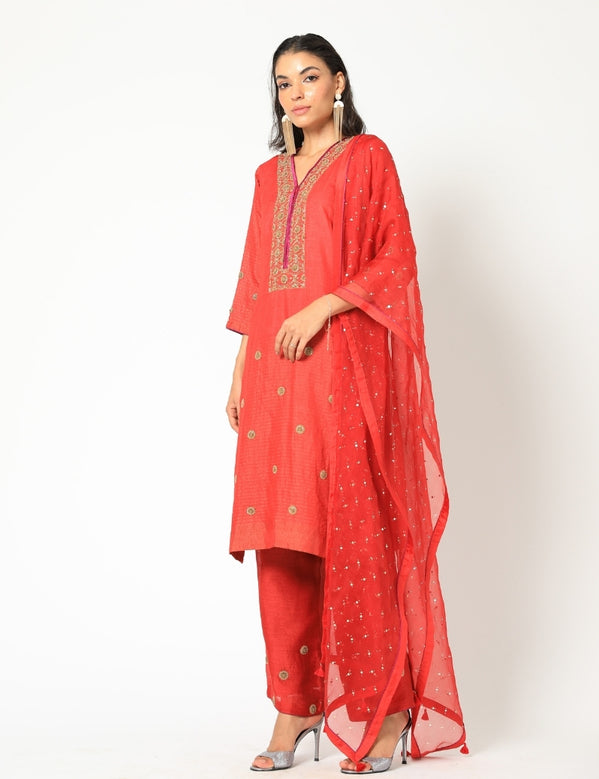 Red moonga silk kurta set