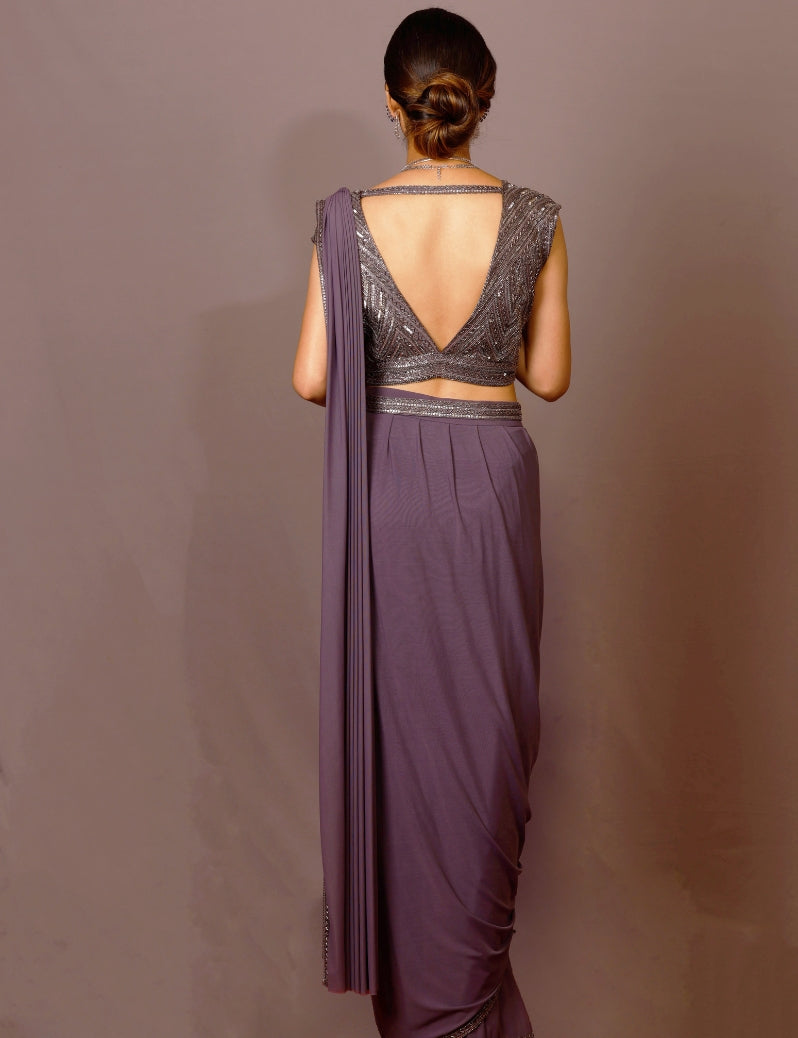 THE GREY COLOR DRAPED SAREE WITH HAND EMBROIDERY OF CUTDANA SEQUENCE