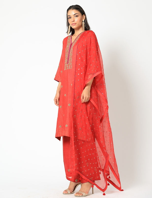 Red moonga silk kurta set