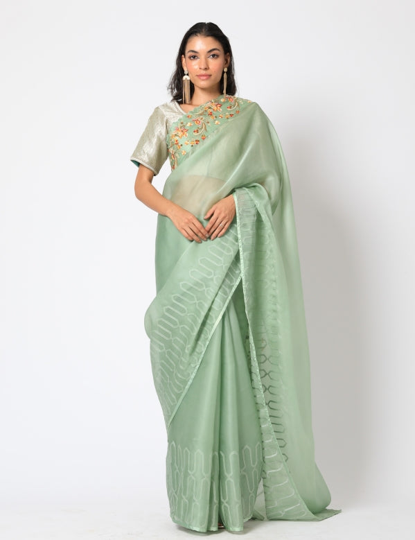 Green organza saree