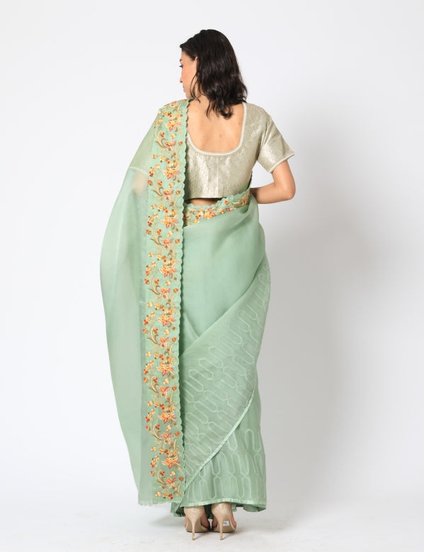 Green organza saree