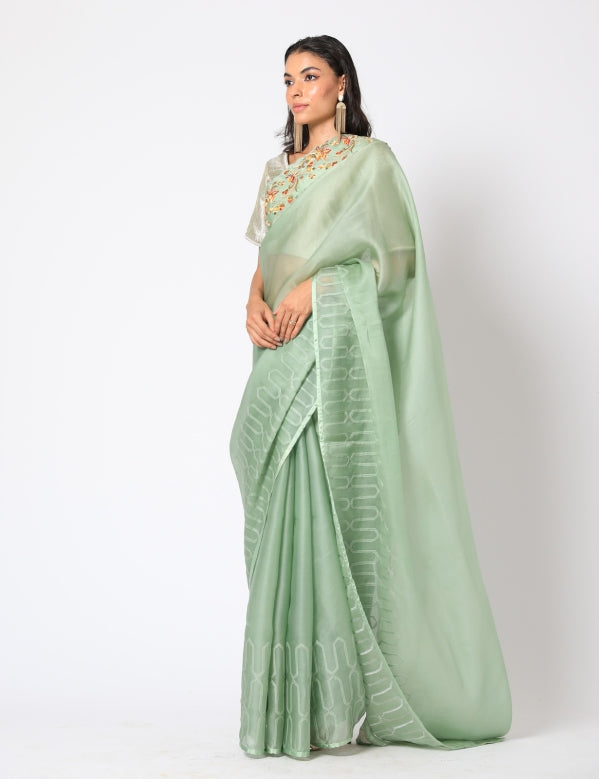 Green organza saree