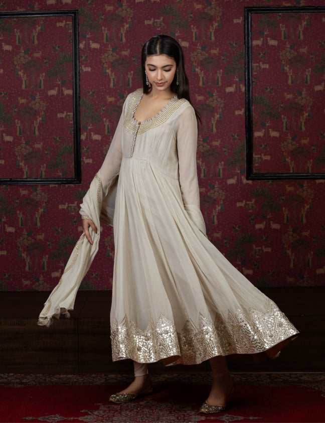 Ivory Anarkali with gota patti