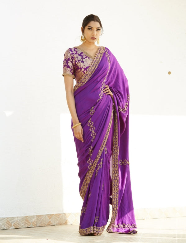 Purple saree with zardozi highlights