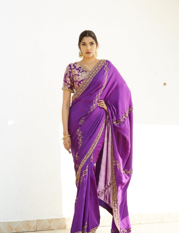 Purple saree with zardozi highlights