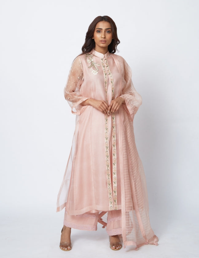 Organza kurta set with thread and zardozi tulip flowers