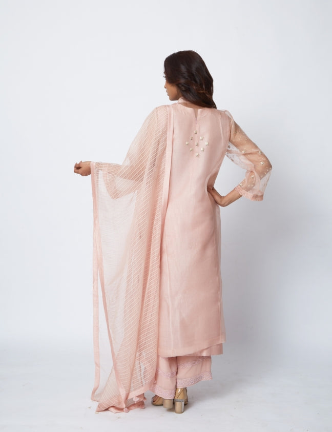 Organza kurta set with thread and zardozi tulip flowers