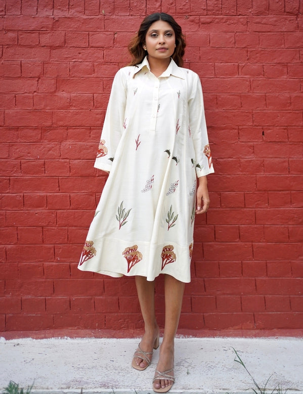 White dress with multi coloured florals